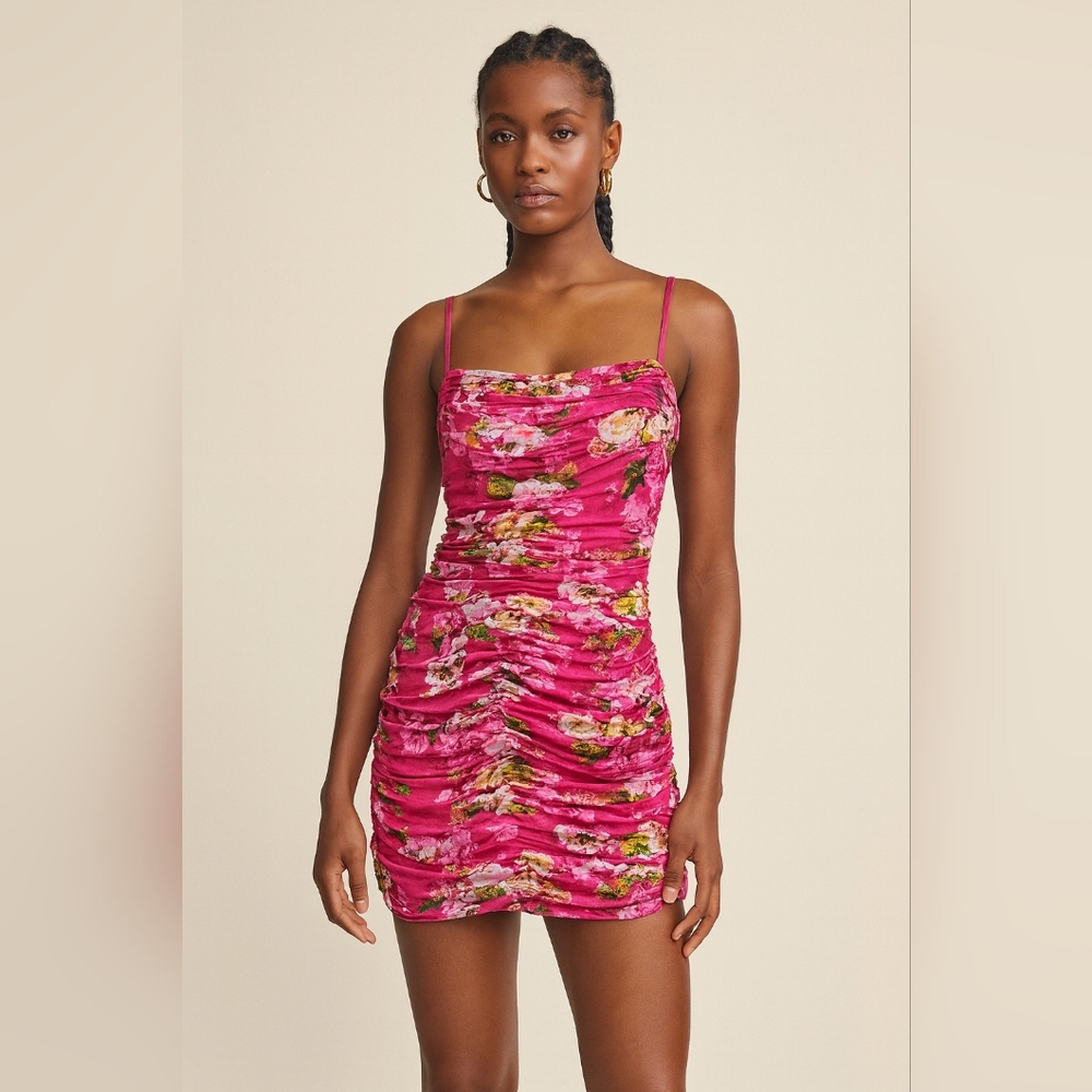 L’AGENCE Pink Floral Ruched Mini Dress Size Small Spaghetti Strap